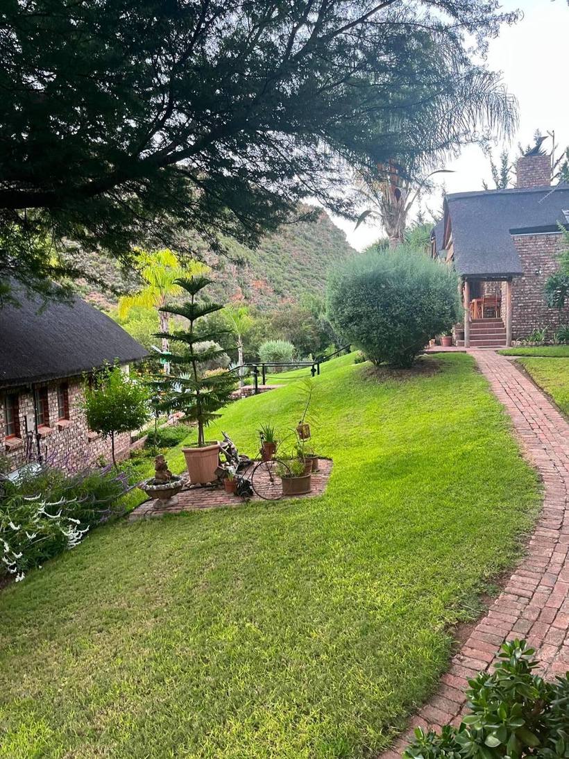 Established garden with mown lawn, brick pathway and planted beds below a mountain