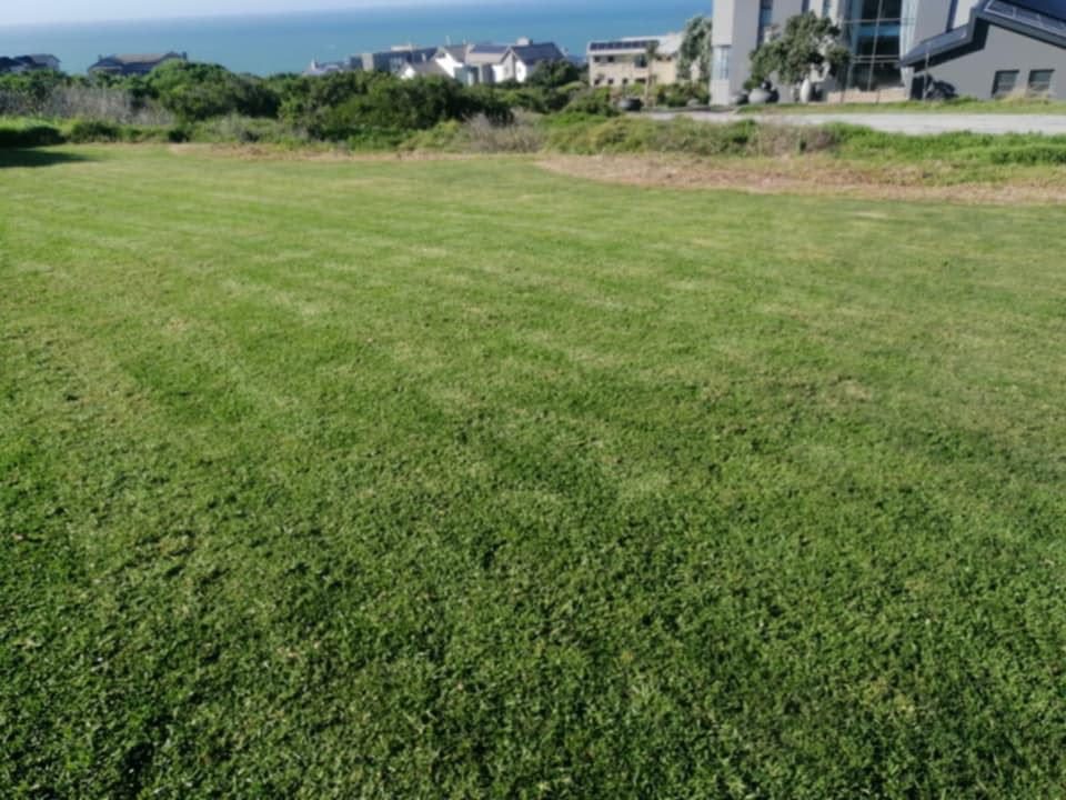 Large striped lawn running down towards the sea