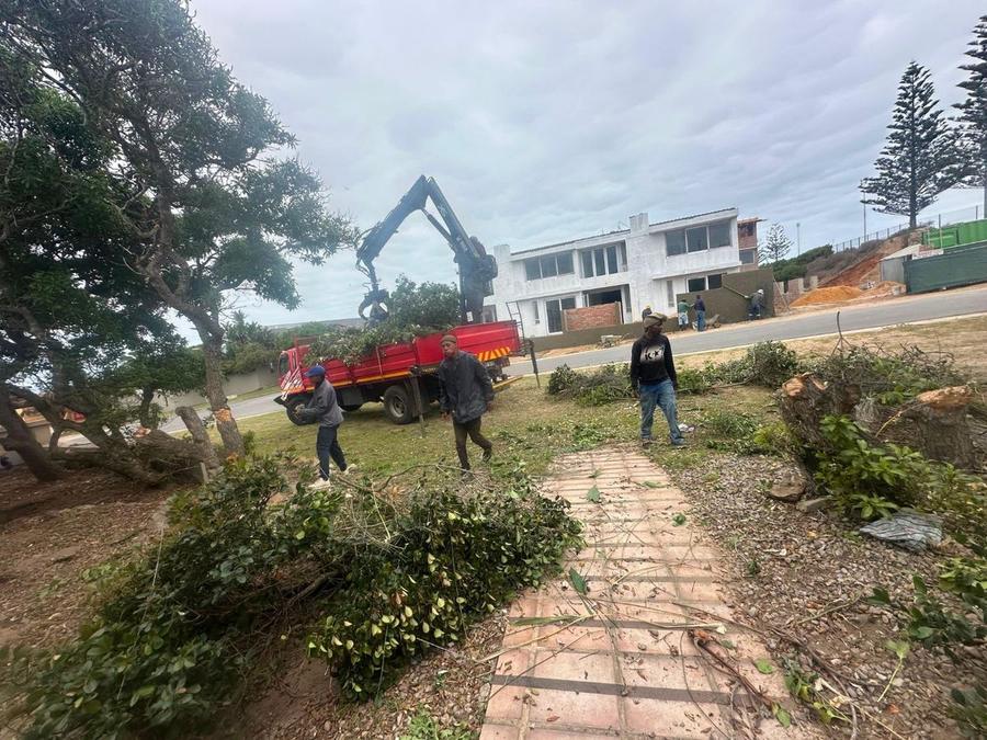 NJ Services crew loading cut branches into a crane truck beside a coastal property